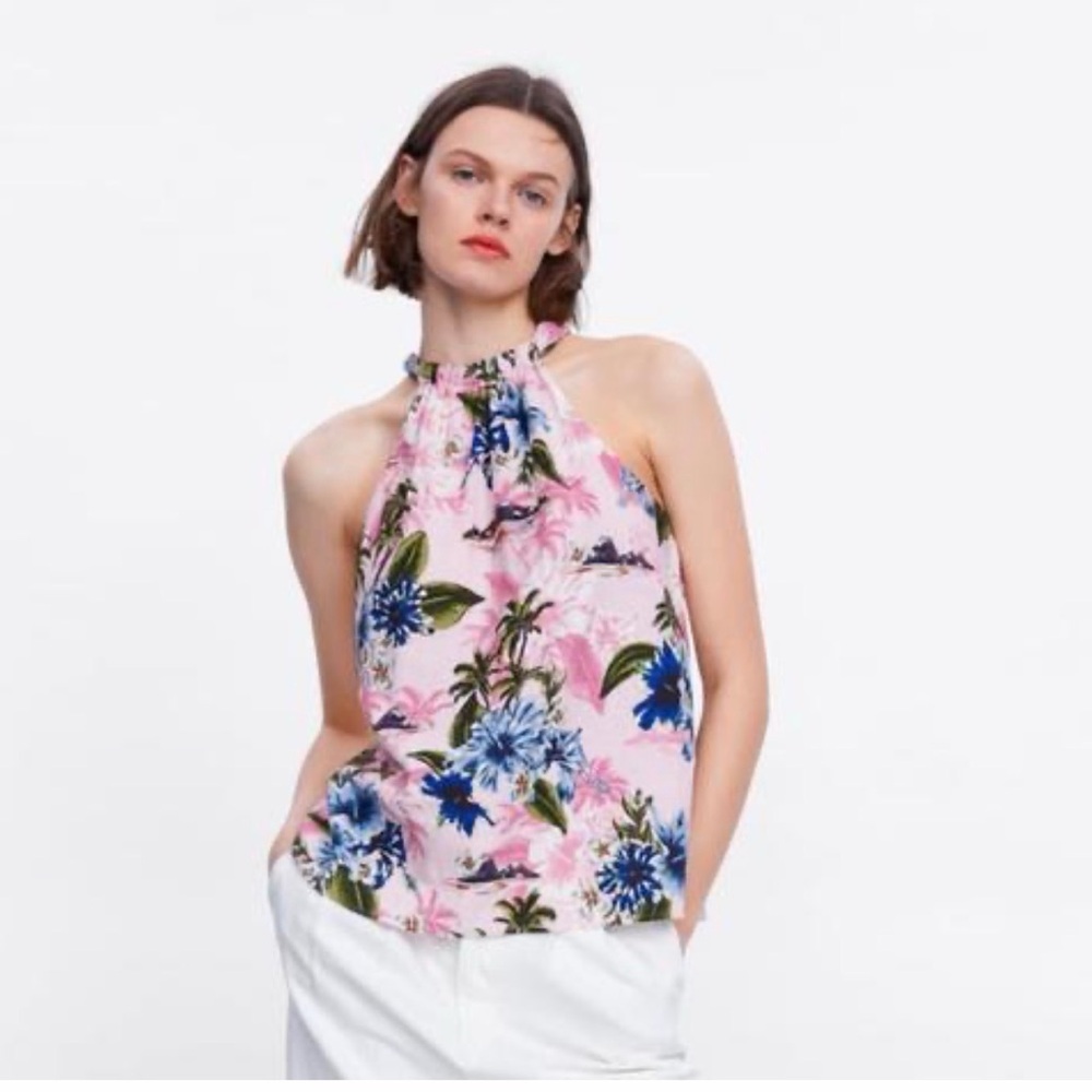 Zara Pink Floral Print Sleeveless Linen Halter Top – XS